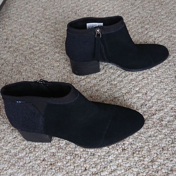 Toms Black Loren Suede Wool Blend Stacked Heel Ankle Bootie size 7.5 - Picture 1 of 12